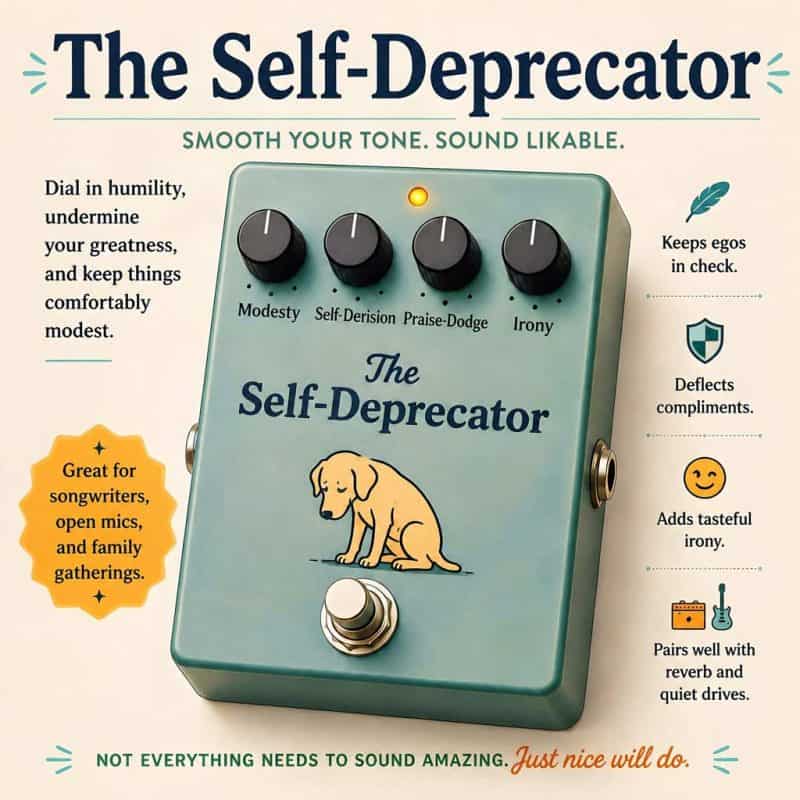 The Self-Deprecator – an ego-deflator pedal for a more likeable impression on stage. De-Booster Pedal for over-gandiose stage personalities