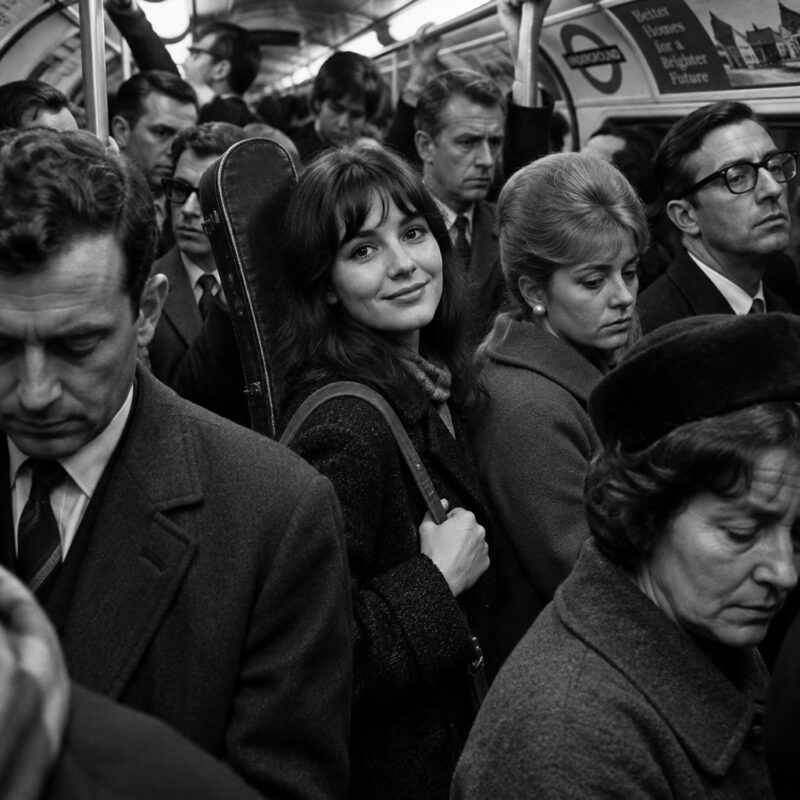 Smiling woman with guitar on London Tube, ca. 1966